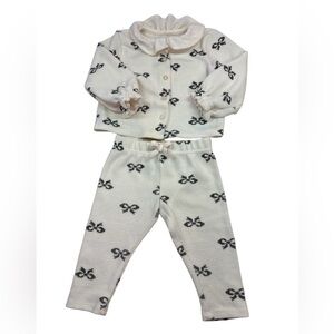 Wonder Nation Two Piece Cream Holiday Set Bows Ruffled Collar Button Up 6/9 M